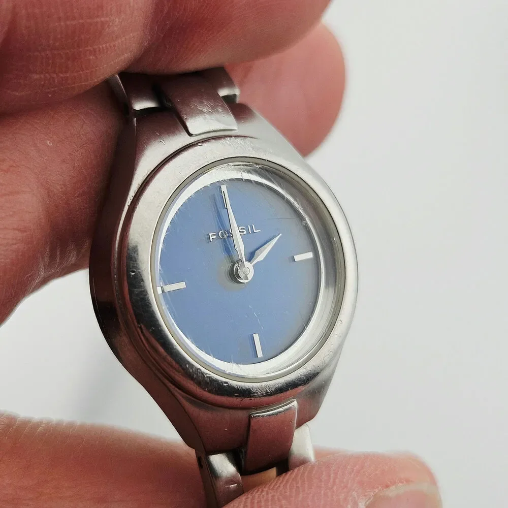 Fossil Women's BIG TIC Watch Dark Blue Dial Silver Link Band ES-9649 Classic